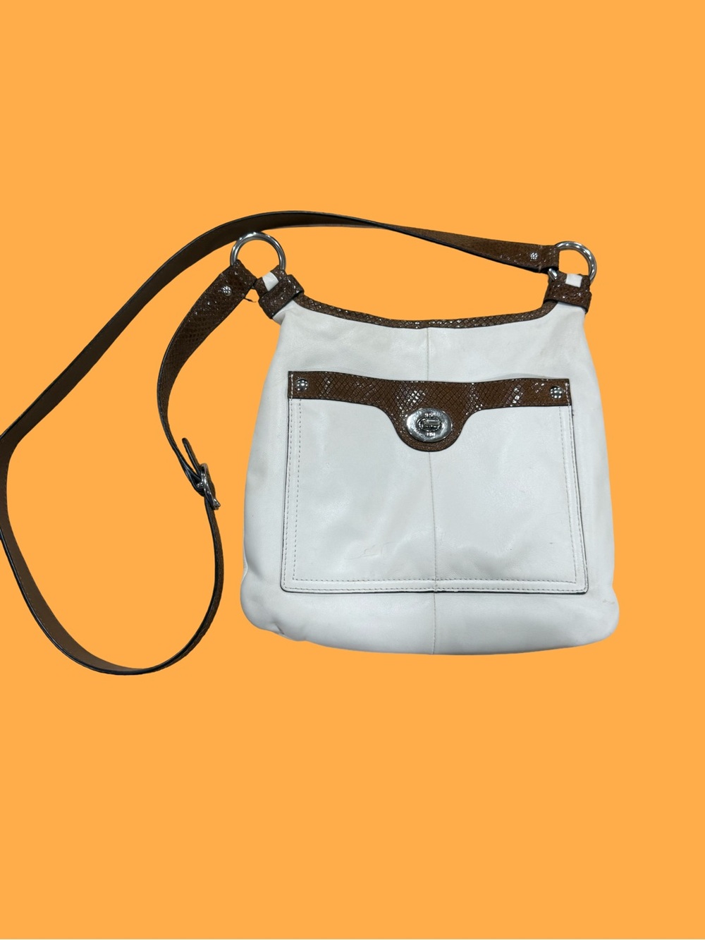Coach White Leather Crossbody with Brown Trim and Turn-Lock Detail
